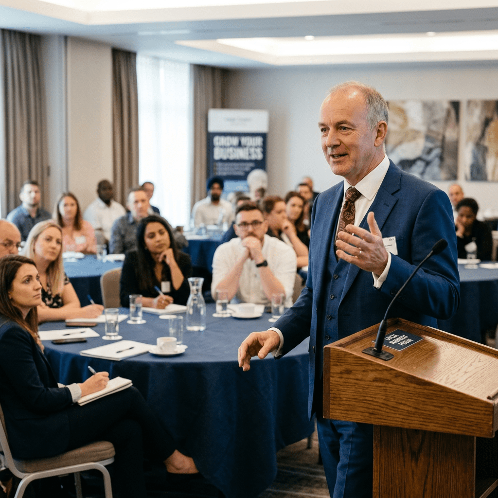 Man in suit speaking at podium to attentive business audience