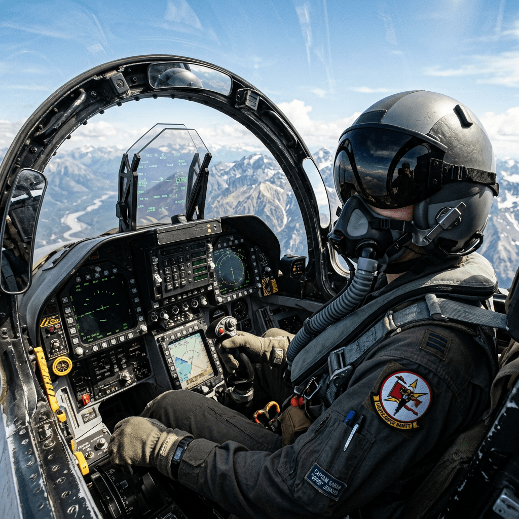 Fighter pilot wearing helmet and oxygen mask inside jet cockpit flying over mountains