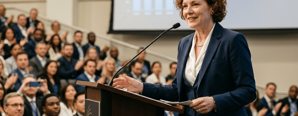 Woman in business suit speaking at podium with audience and growth chart in background