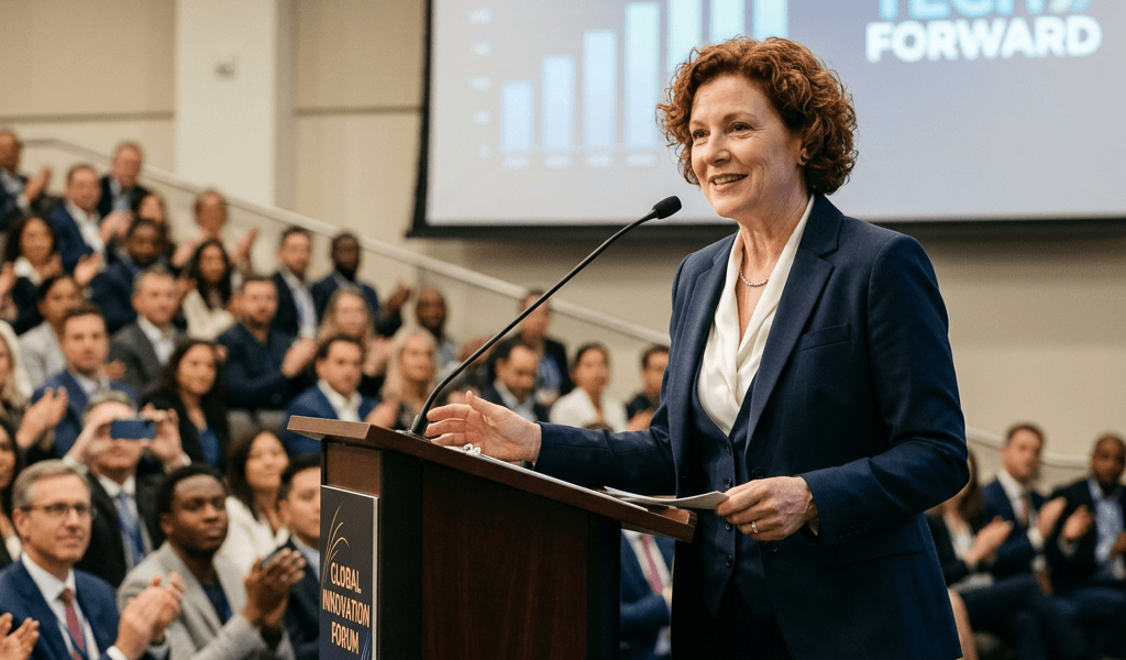 Woman in business suit speaking at podium with audience and growth chart in background