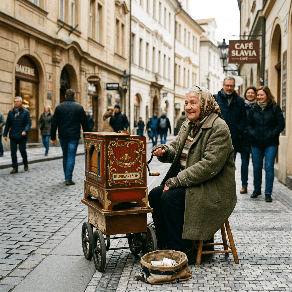 Elderly woman operating a hand-cranked barrel organ on cobblestone street with passersby