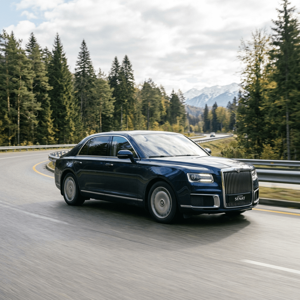 Dark blue luxury sedan driving on winding road with forest and mountains in background