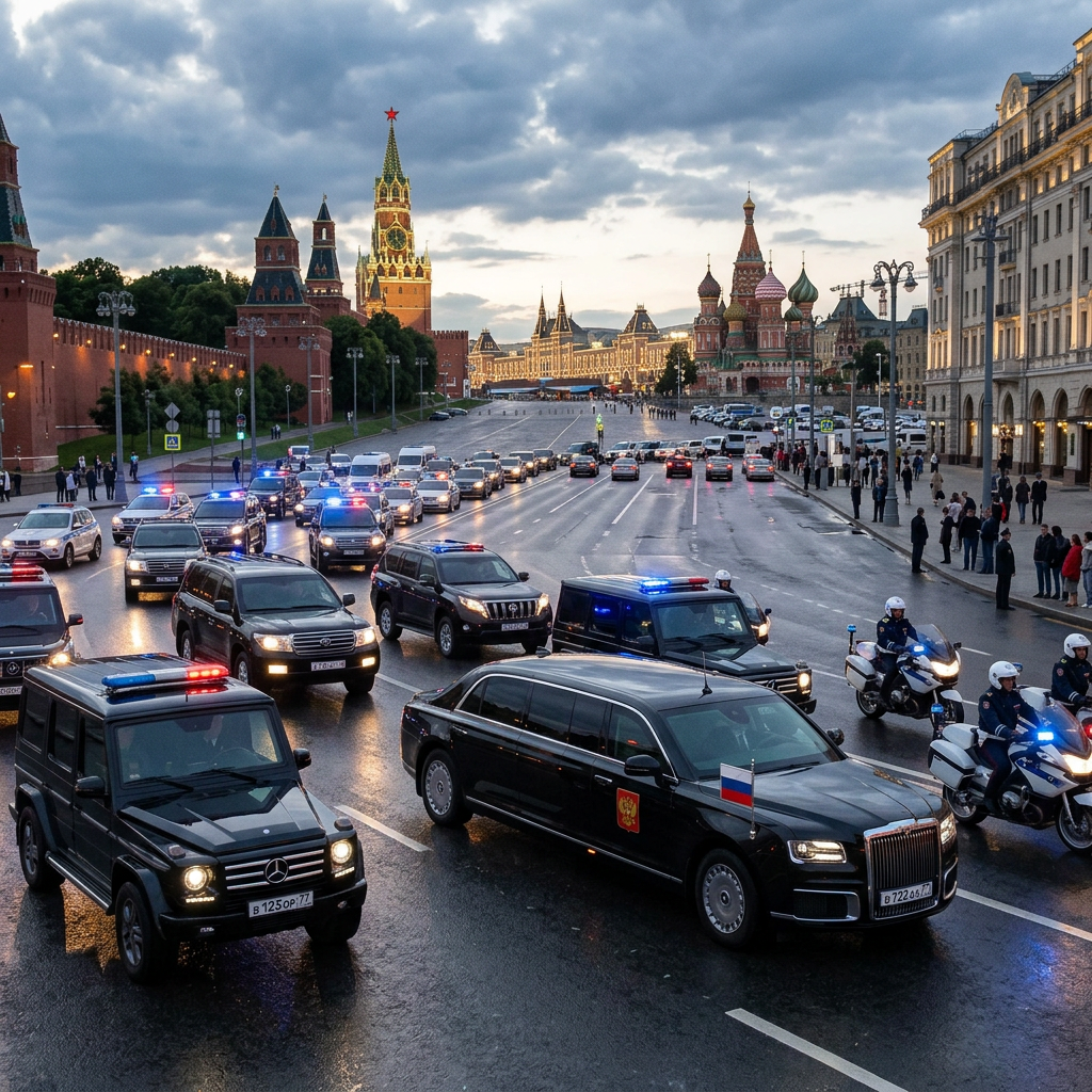 Presidential motorcade with multiple black vehicles and police motorcycles near the Kremlin and St. Basil's Cathedral in Moscow at dusk
