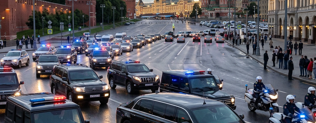 Presidential motorcade with multiple black vehicles and police motorcycles near the Kremlin and St. Basil's Cathedral in Moscow at dusk