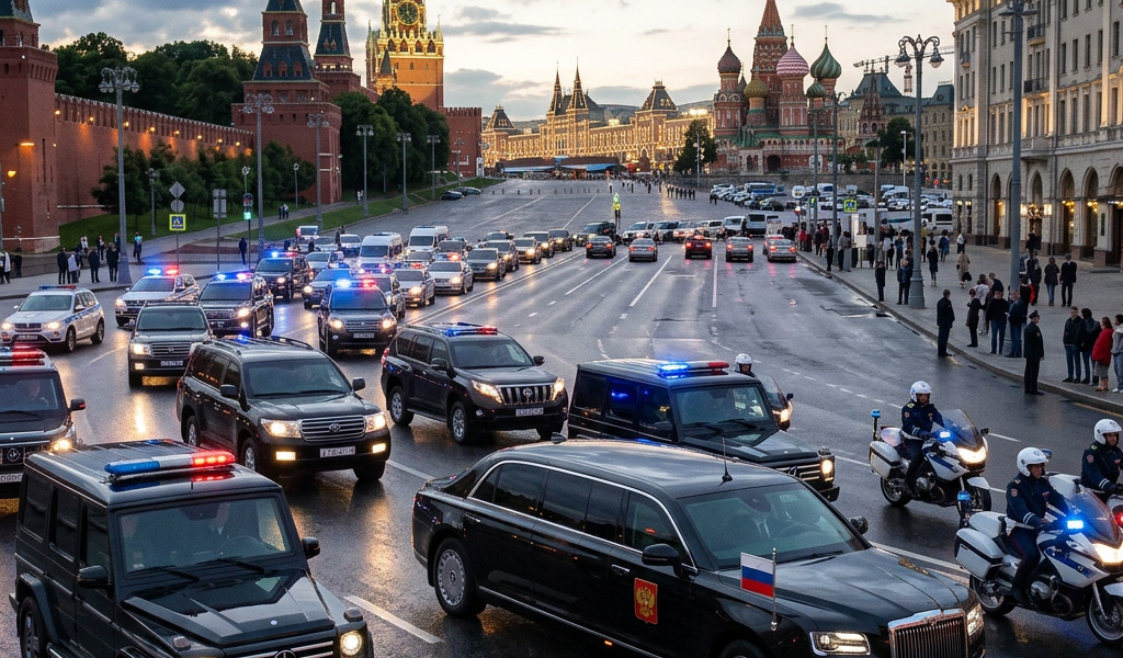 Presidential motorcade with multiple black vehicles and police motorcycles near the Kremlin and St. Basil's Cathedral in Moscow at dusk