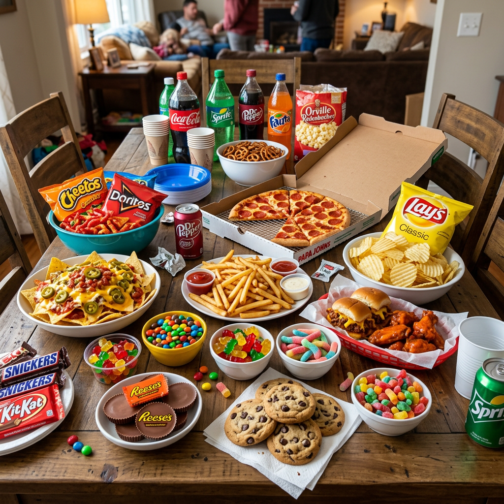 Table with pizza, fries, chips, cookies, candy, sandwiches, chicken wings, and various sodas