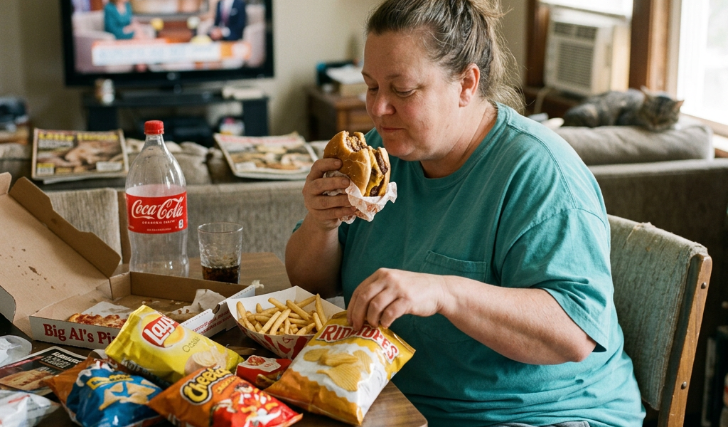 Woman eating a burger at a table with fries, chips, pizza, and soda