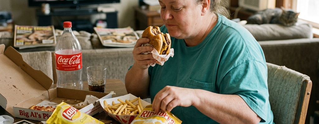 Woman eating a burger at a table with fries, chips, pizza, and soda