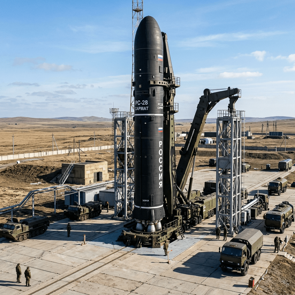 RS-28 Sarmat missile on a launch platform with military vehicles around it