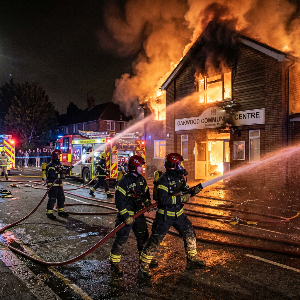 Firefighters spraying water on large flames engulfing Oakwood Community Centre building
