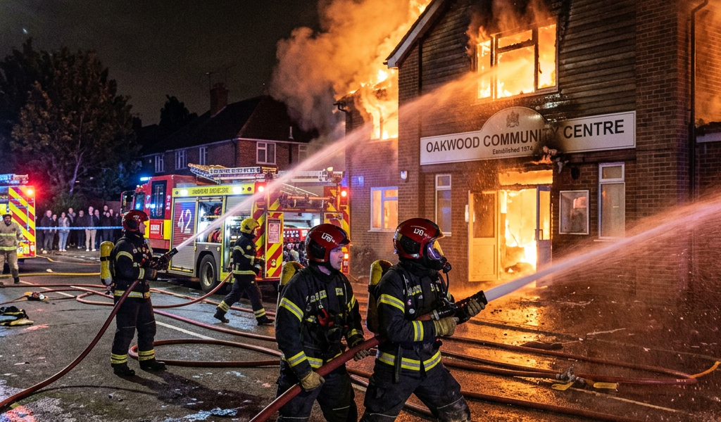 Firefighters spraying water on large flames engulfing Oakwood Community Centre building
