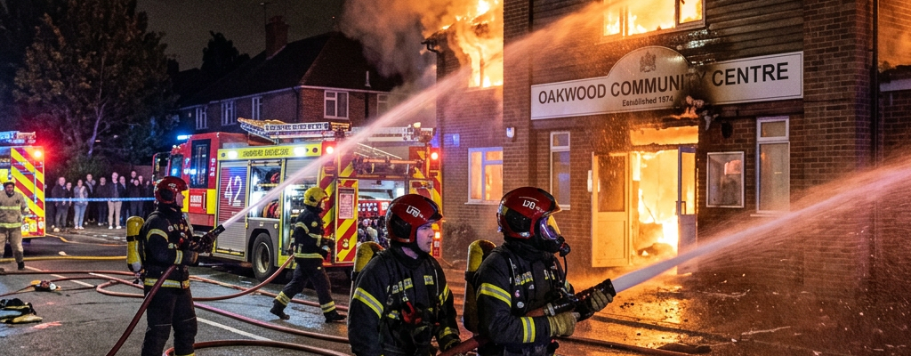 Firefighters spraying water on large flames engulfing Oakwood Community Centre building