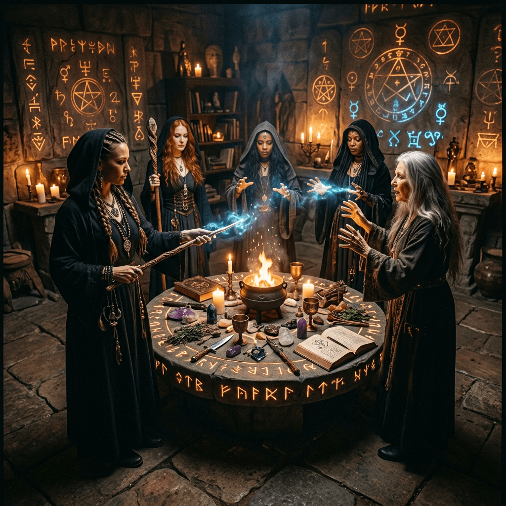 Five women in dark robes casting glowing magical spells around an altar with candles and ancient symbols.