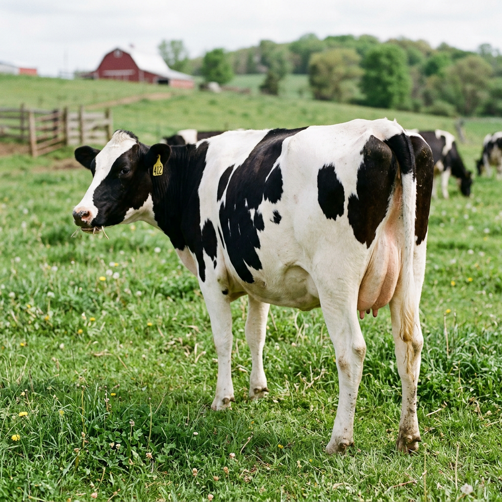 Black and white Holstein cow standing on grass in a farm field with a red barn in the distance