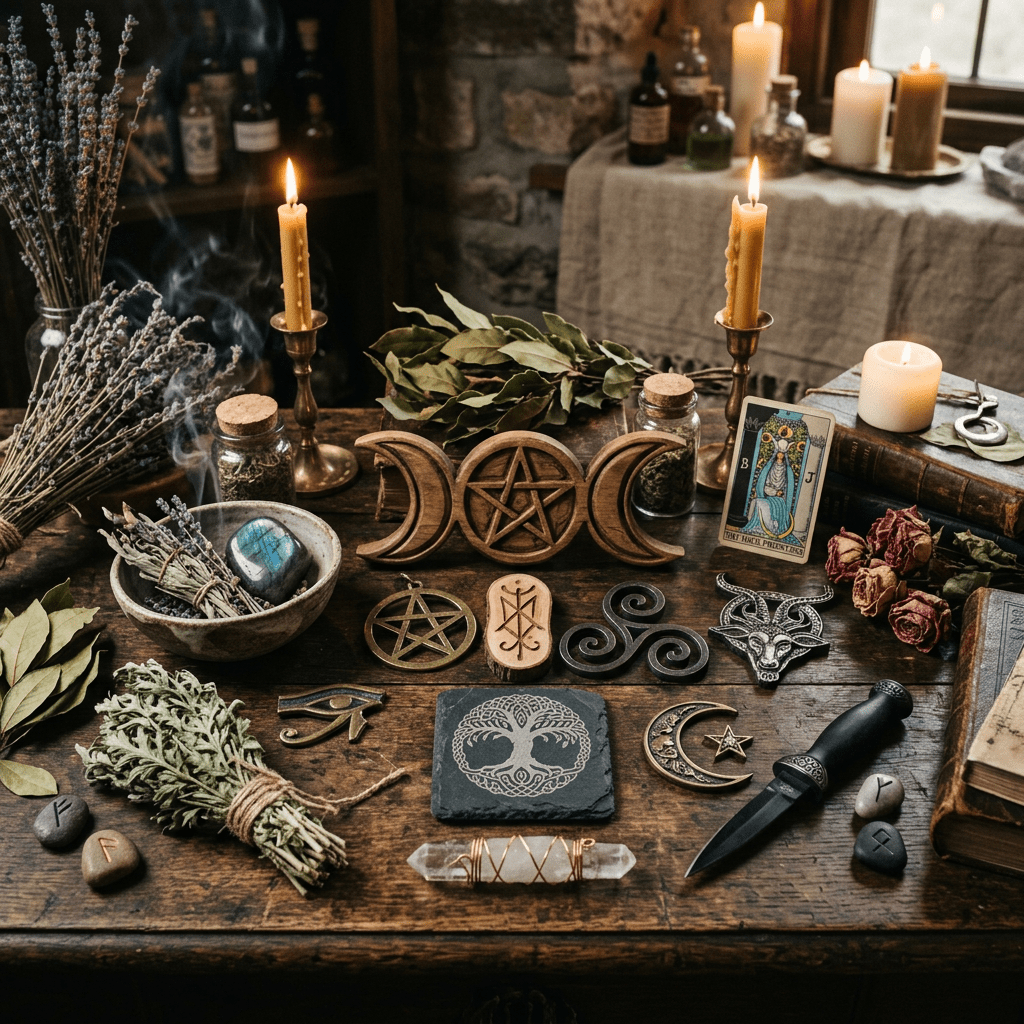 Altar table with candles, herbs, mystical symbols, tarot card, and ritual knife