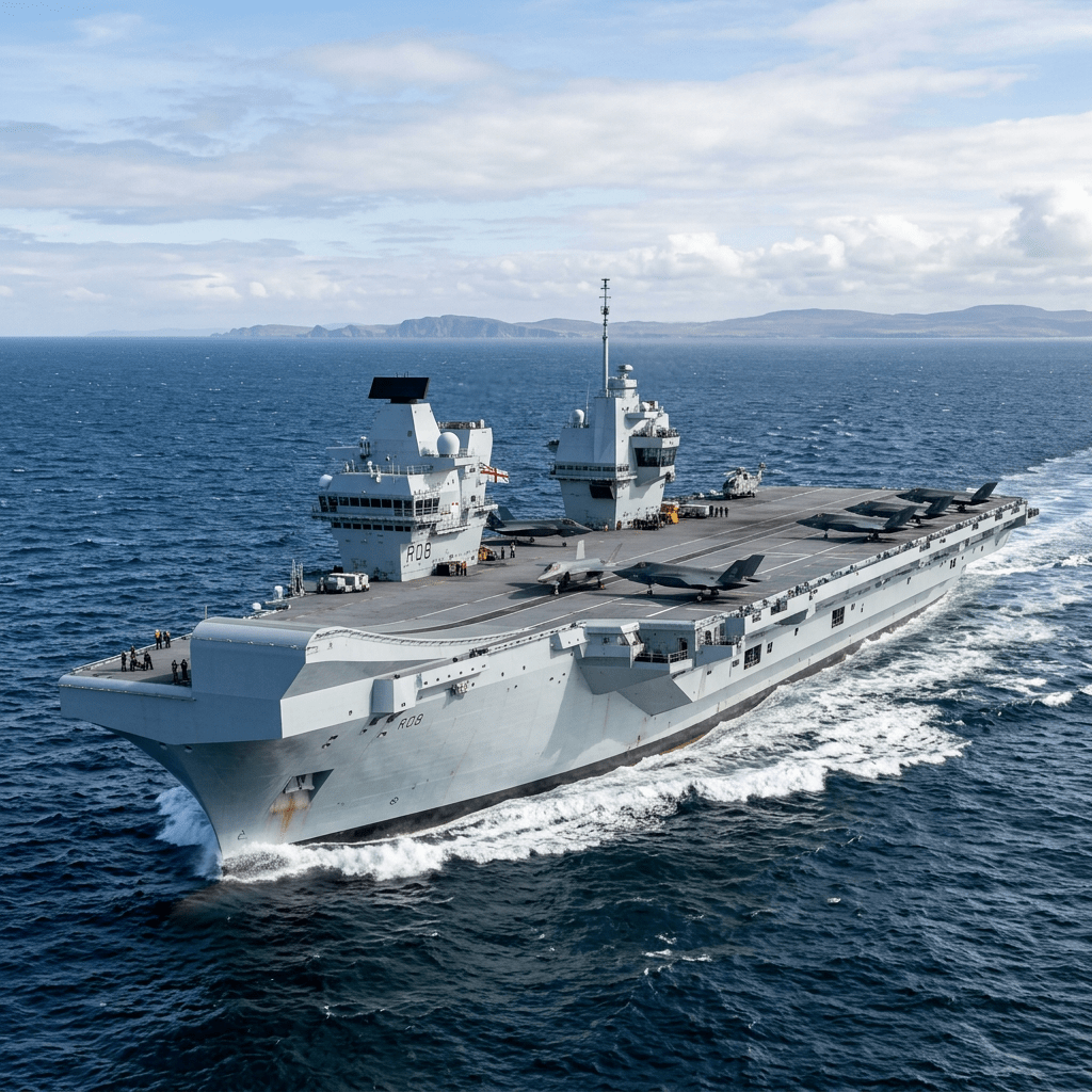Royal Navy aircraft carrier R08 sailing on open sea with jets on deck