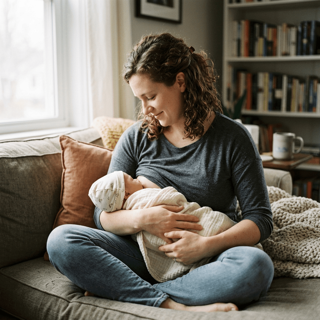 Mother breastfeeding newborn baby wrapped in blanket on couch