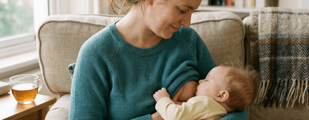 Mother breastfeeding infant on couch in cozy living room