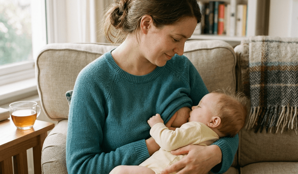 Mother breastfeeding infant on couch in cozy living room