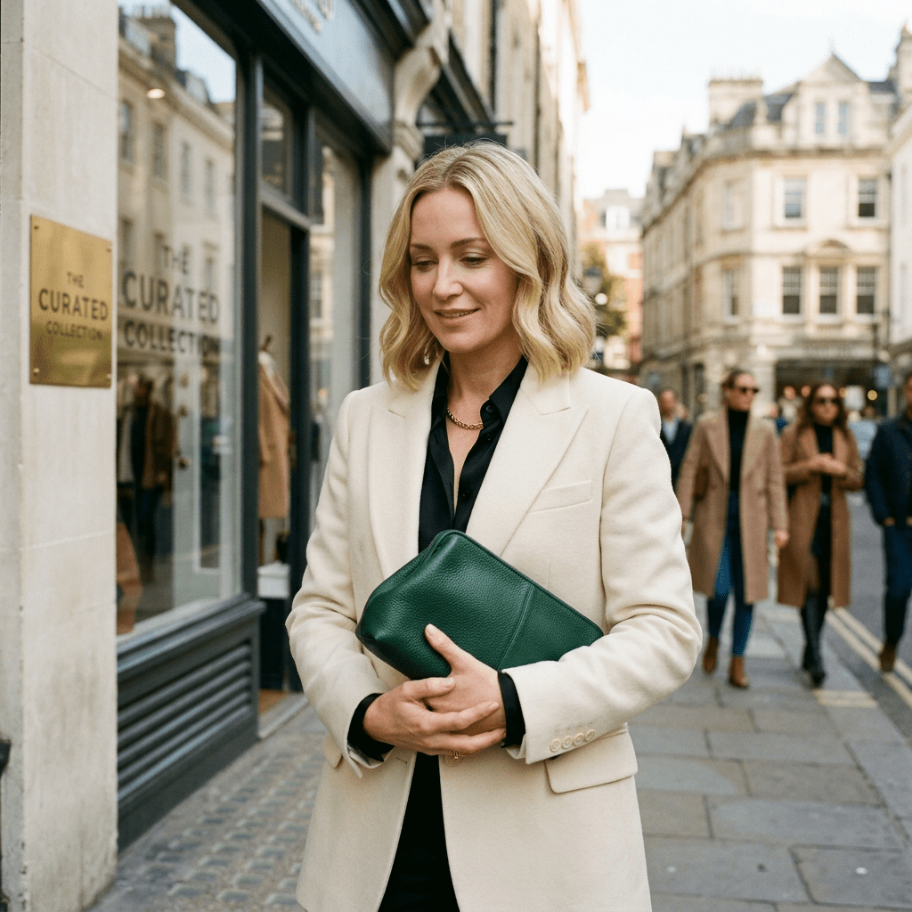 Woman in cream blazer holding a green clutch outside The Curated Collection store