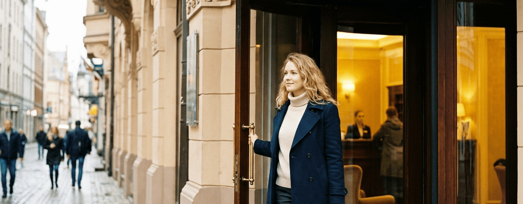 Woman holding door open while leaving Hotel Riga carrying a brown leather bag