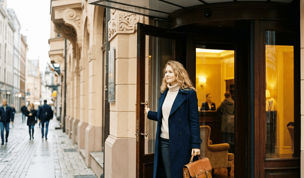 Woman holding door open while leaving Hotel Riga carrying a brown leather bag