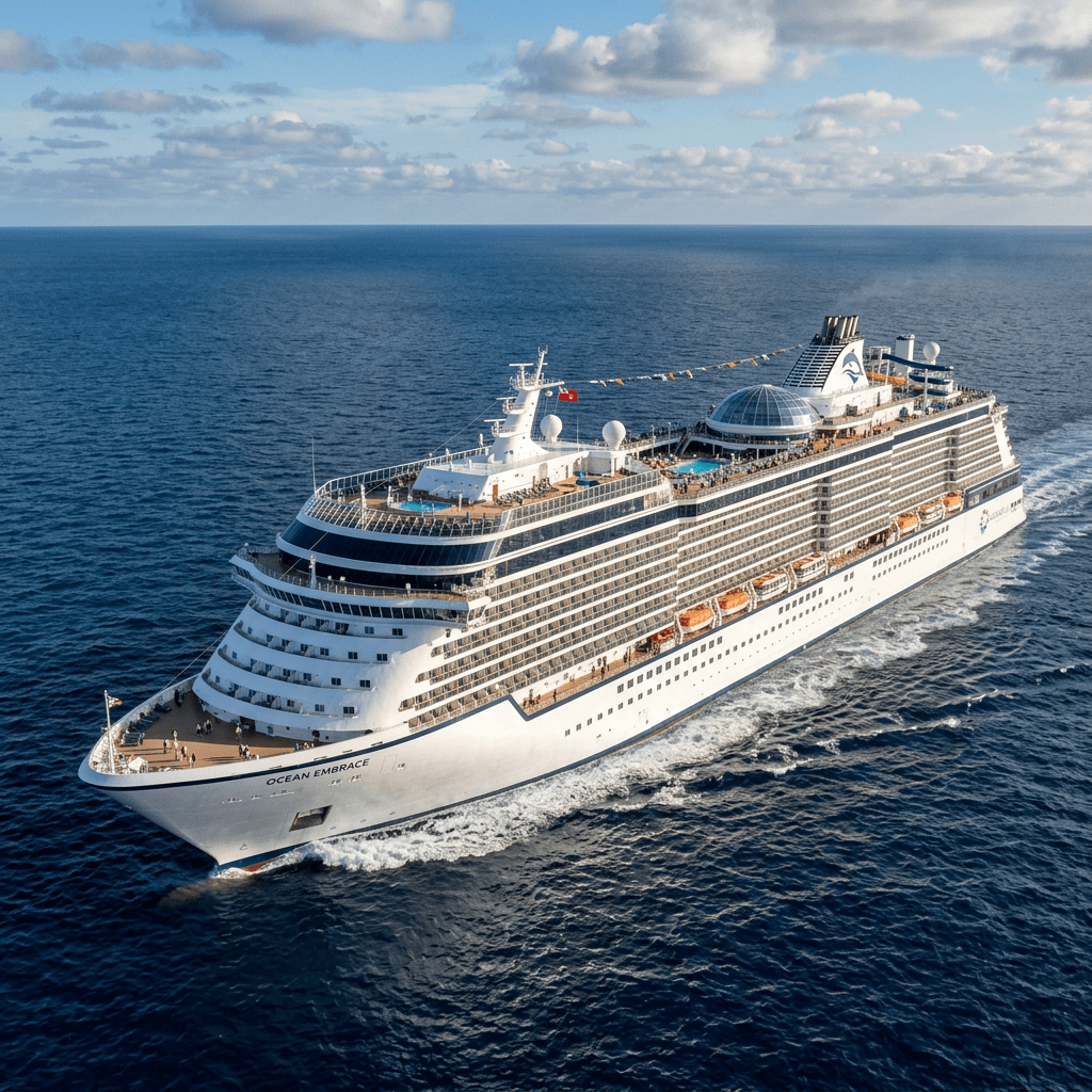 Large white cruise ship named Ocean Embrace sailing on calm blue ocean water with passengers on deck