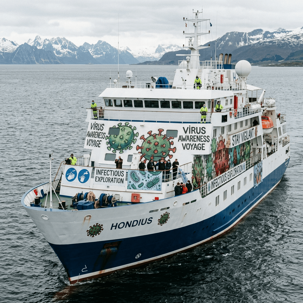Research vessel Hondius with virus awareness and infectious exploration banners in cold waters