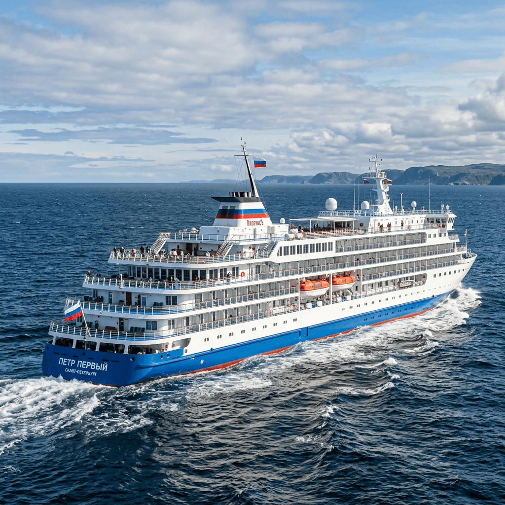 Cruise ship Petr Pervyy sailing in open sea with passengers on deck and distant coastline visible