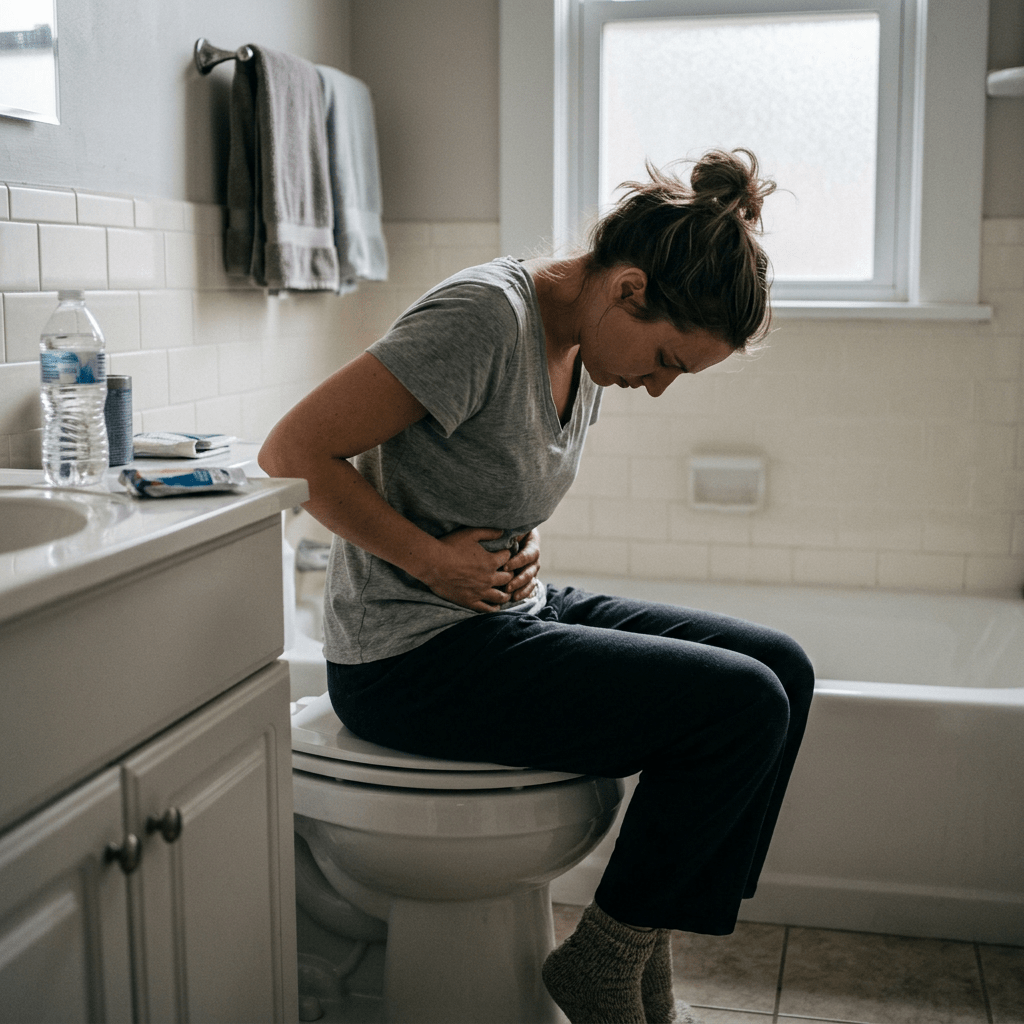 Woman sitting on toilet holding stomach in pain
