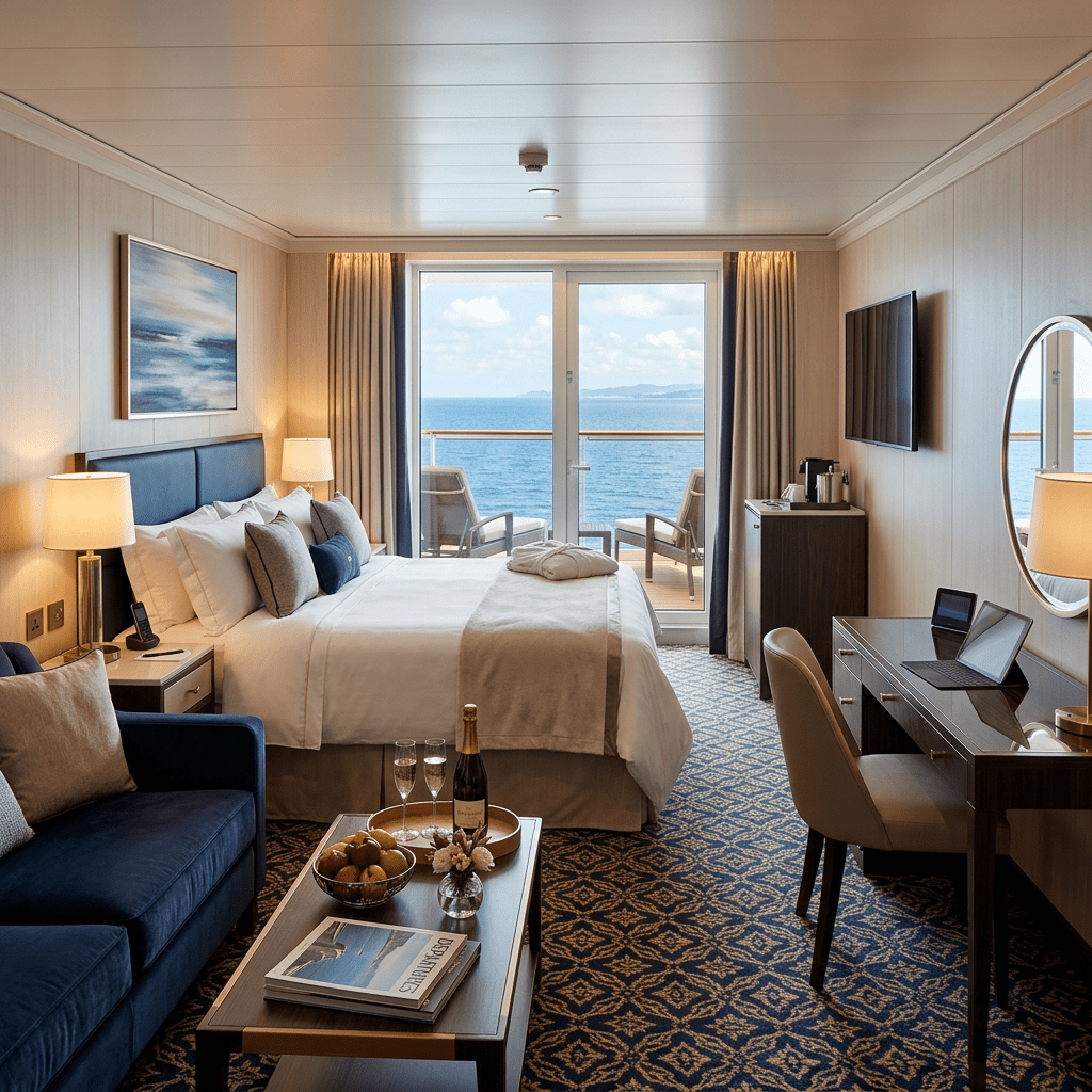 Cruise ship cabin with king bed, balcony doors showing ocean view, seating area, and desk