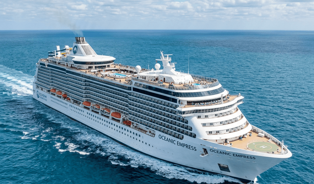 Large white luxury cruise ship Oceanic Empress sailing on blue ocean with passengers on deck