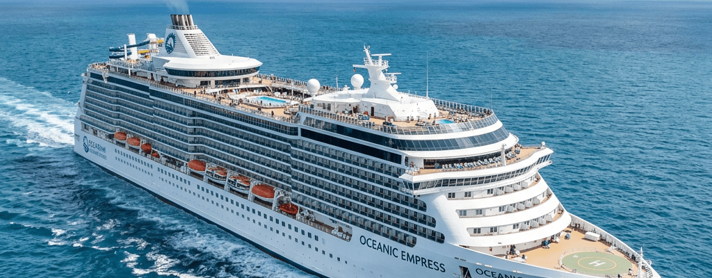 Large white luxury cruise ship Oceanic Empress sailing on blue ocean with passengers on deck