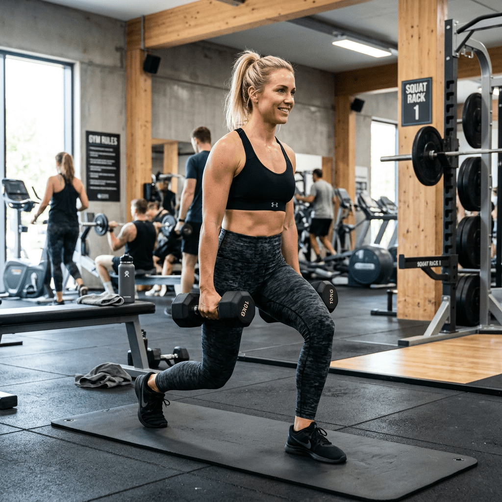 Woman doing weighted lunges holding dumbbells in gym