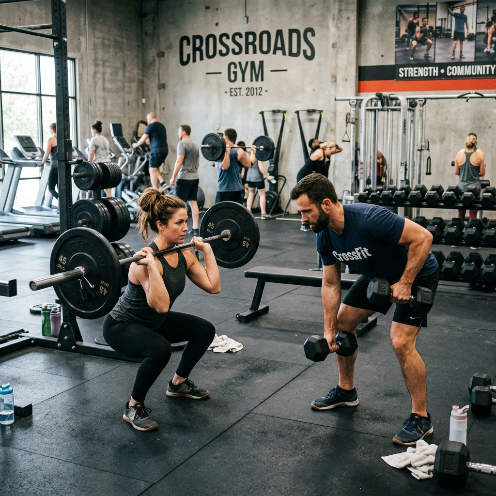 Woman performing a barbell squat while man does dumbbell rows inside a gym