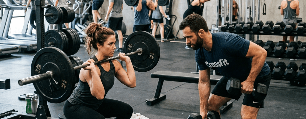 Woman performing a barbell squat while man does dumbbell rows inside a gym