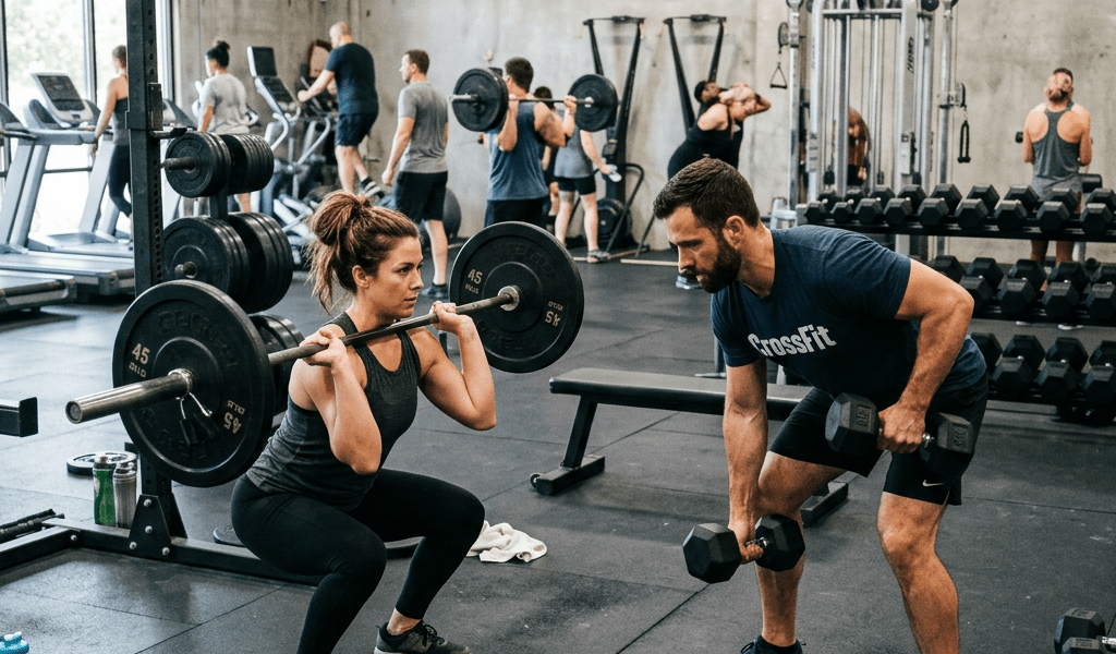 Woman performing a barbell squat while man does dumbbell rows inside a gym