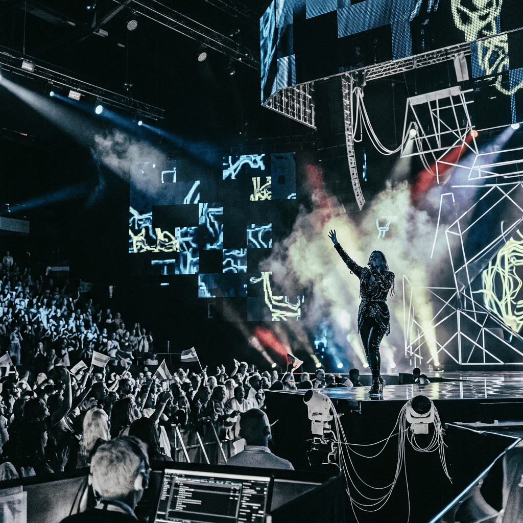 Singer performing on stage with colorful lights and cheering crowd