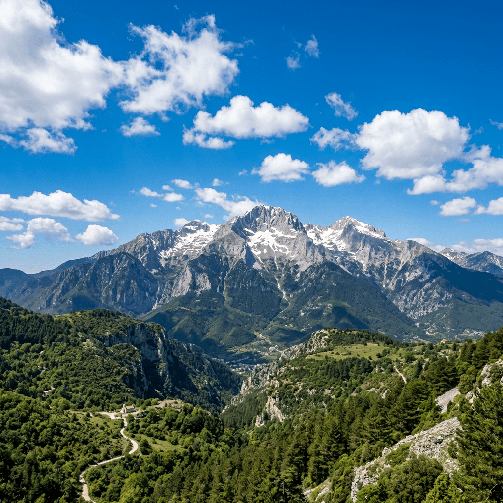 Snow-capped mountain range with green forested valley and winding road
