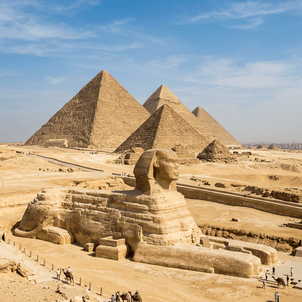 The Great Sphinx of Giza with the three main pyramids in the background