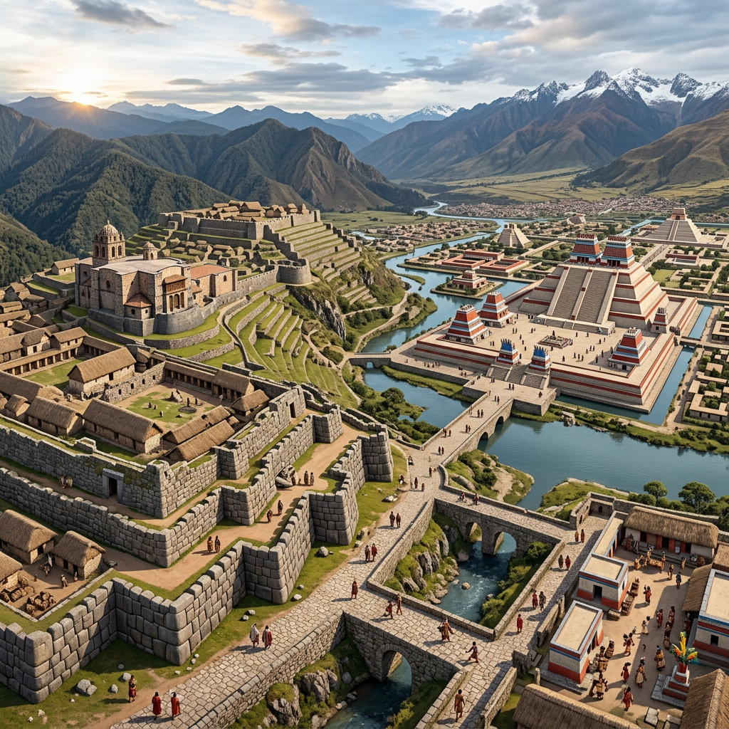 Ancient city with Incan terraces and Mesoamerican pyramids near river in mountainous landscape