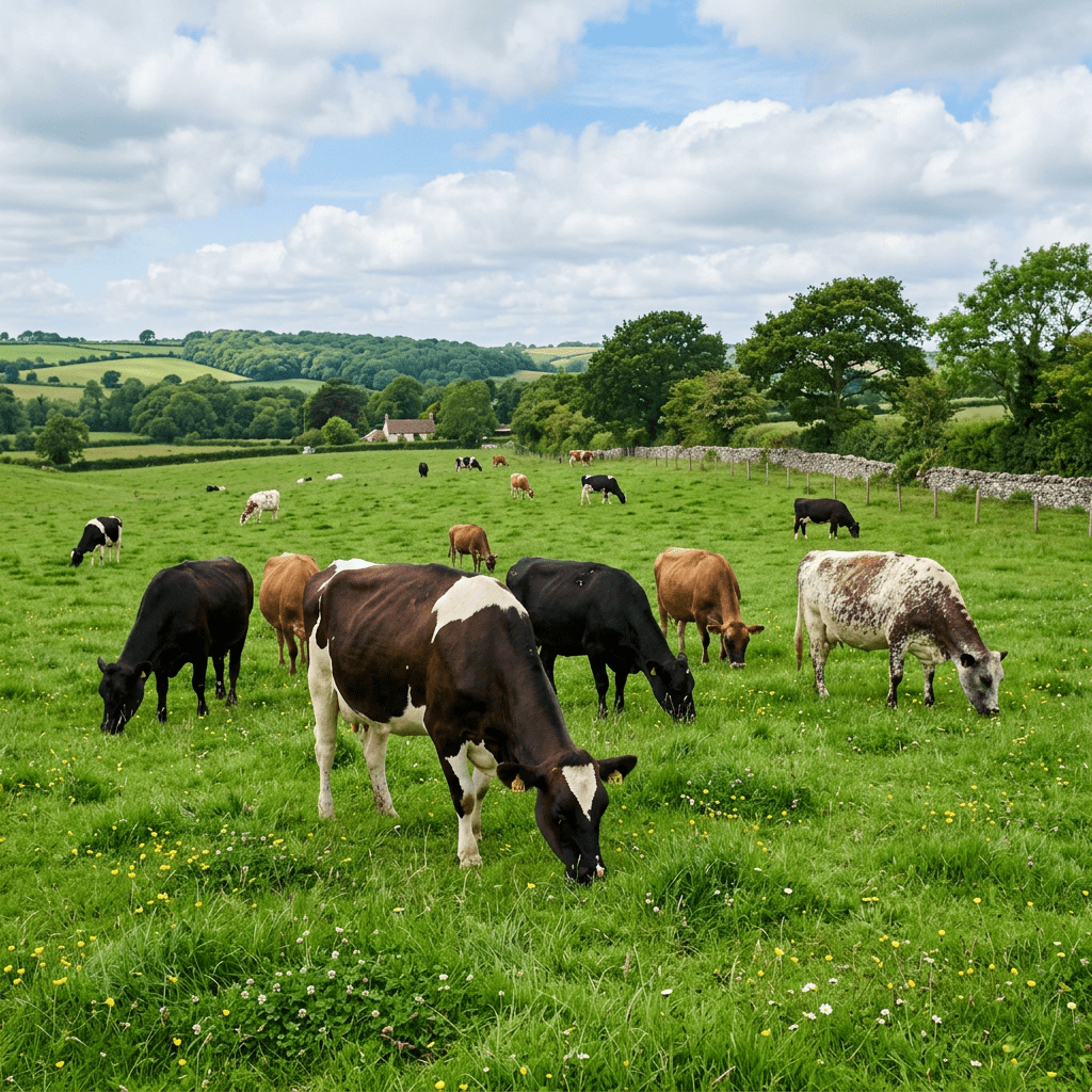 Various cows grazing on green grassy field with trees and stone walls