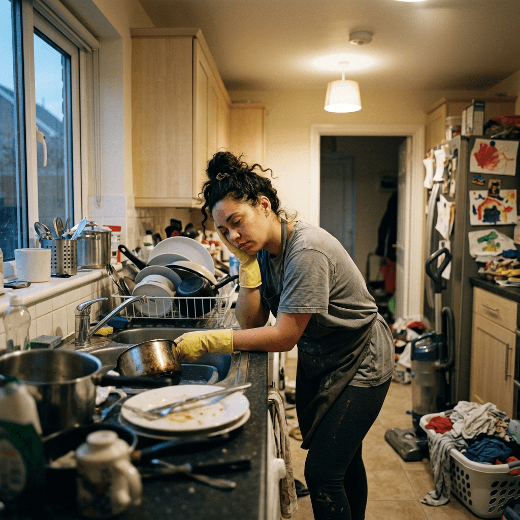 Woman leaning on kitchen sink wearing yellow gloves and gray shirt, surrounded by dirty dishes