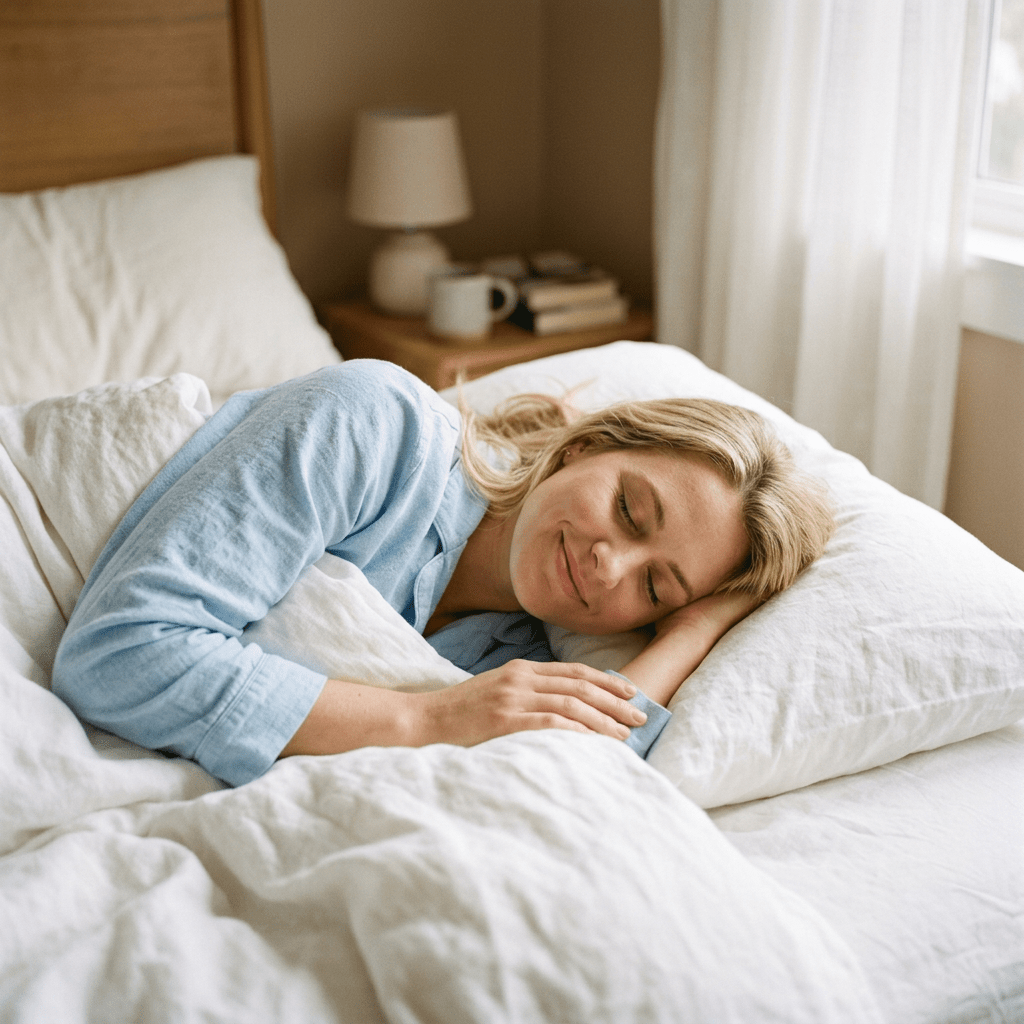 Woman sleeping peacefully on a white pillow and blanket, wearing a light blue shirt.