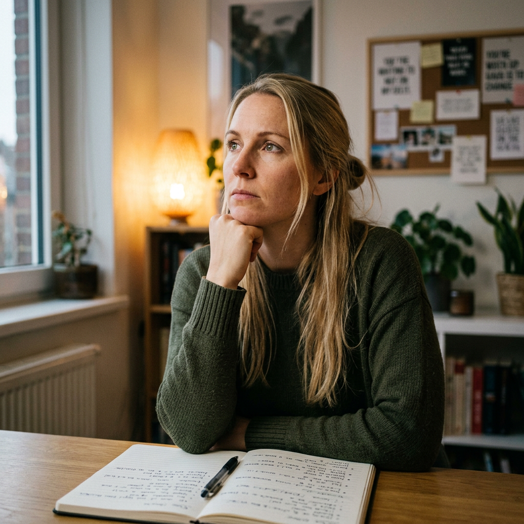 Woman resting chin on hand looking thoughtfully away from open notebook