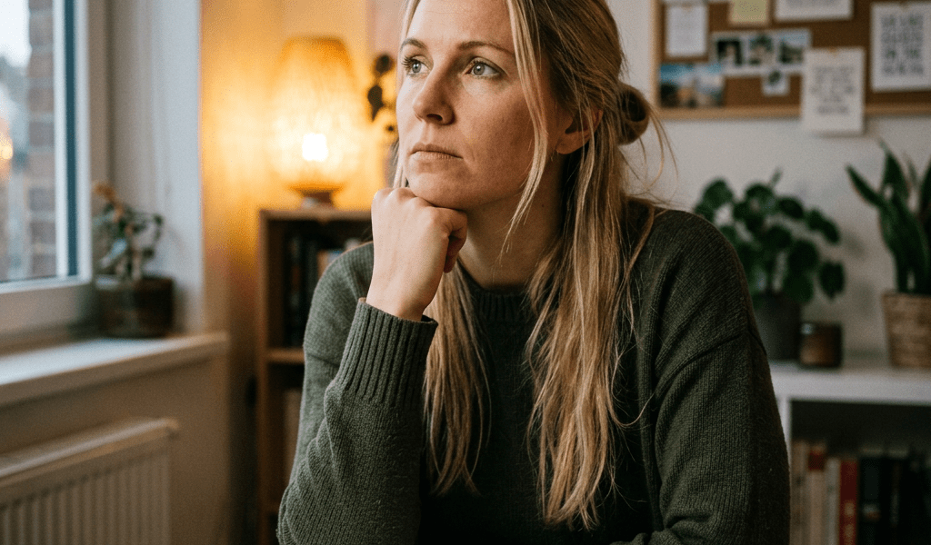 Woman resting chin on hand looking thoughtfully away from open notebook