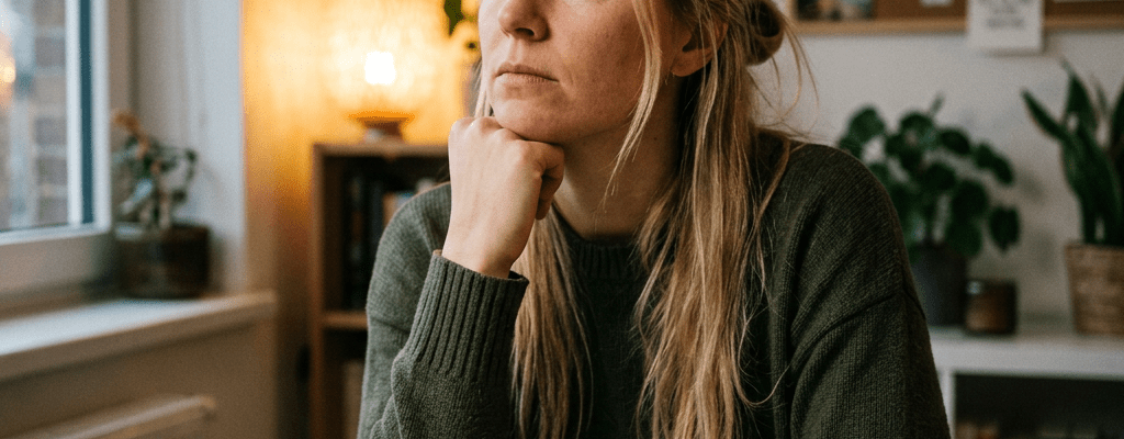 Woman resting chin on hand looking thoughtfully away from open notebook