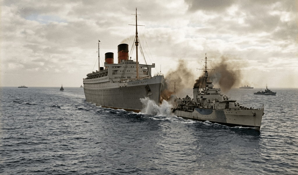 Warship colliding with ocean liner causing water splash and smoke