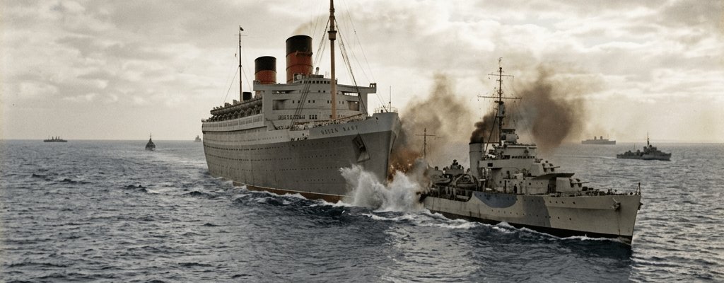 Warship colliding with ocean liner causing water splash and smoke