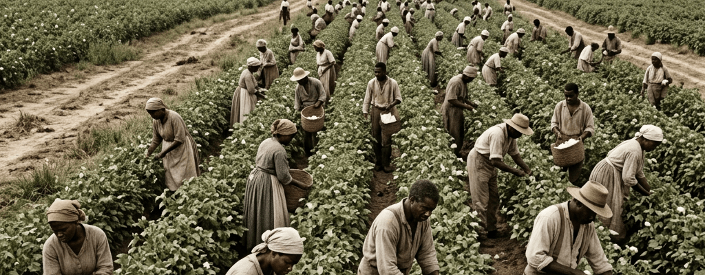 Group of workers harvesting cotton in a large field with plantation house and cabins in background